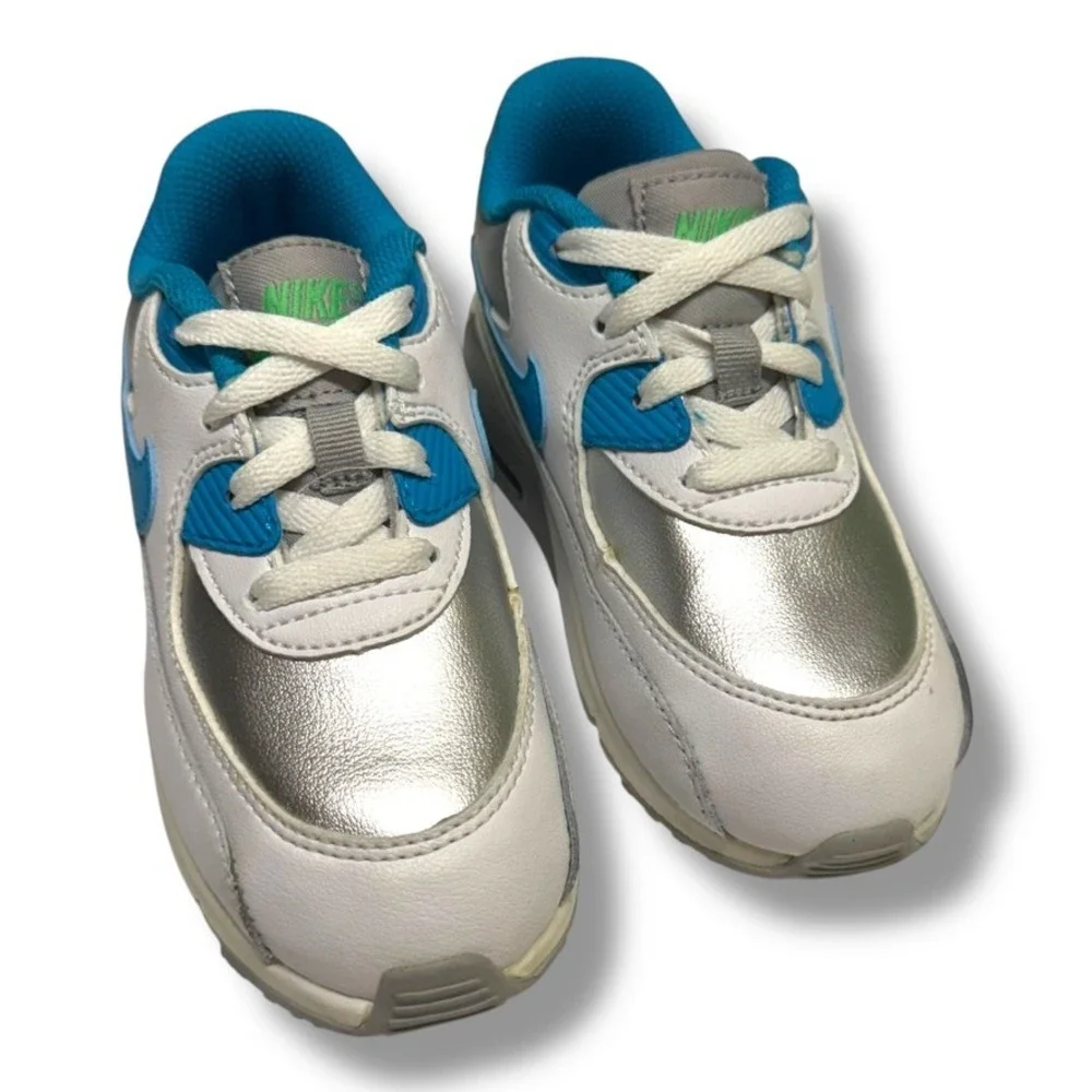 Nike Air Max 90 Kids Sz 9 Lakeside 724854-104 White Blue‎ Silver Sneakers Shoes